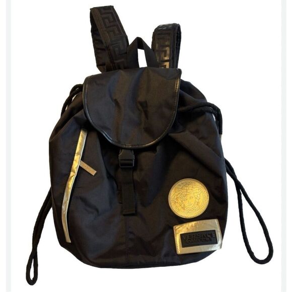 VERSACE PARFUMS Medusa Head Black Nylon Drawstring Flap Backpack EUC - Picture 2 of 11
